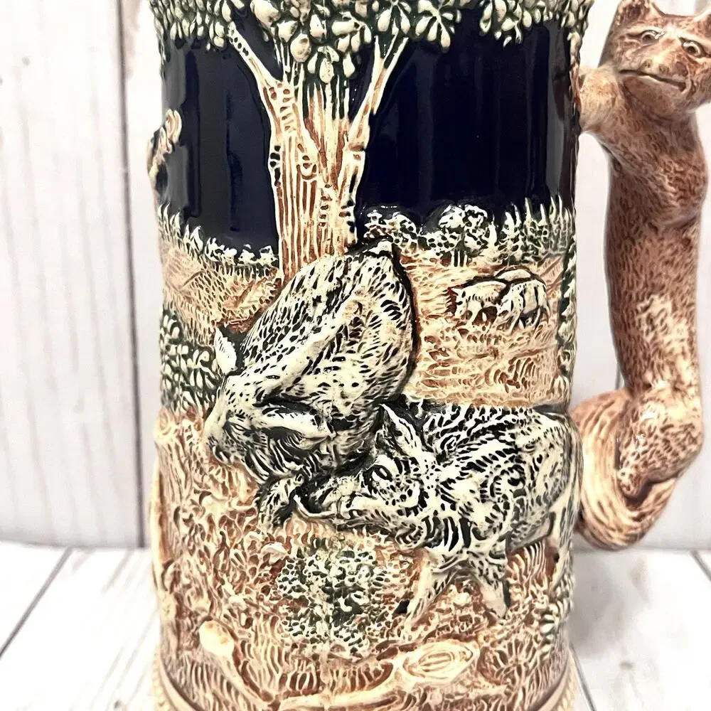 Vintage GERZ German BEER STEIN w/o Lid, Hunting Theme, Fox Handle... Beautiful